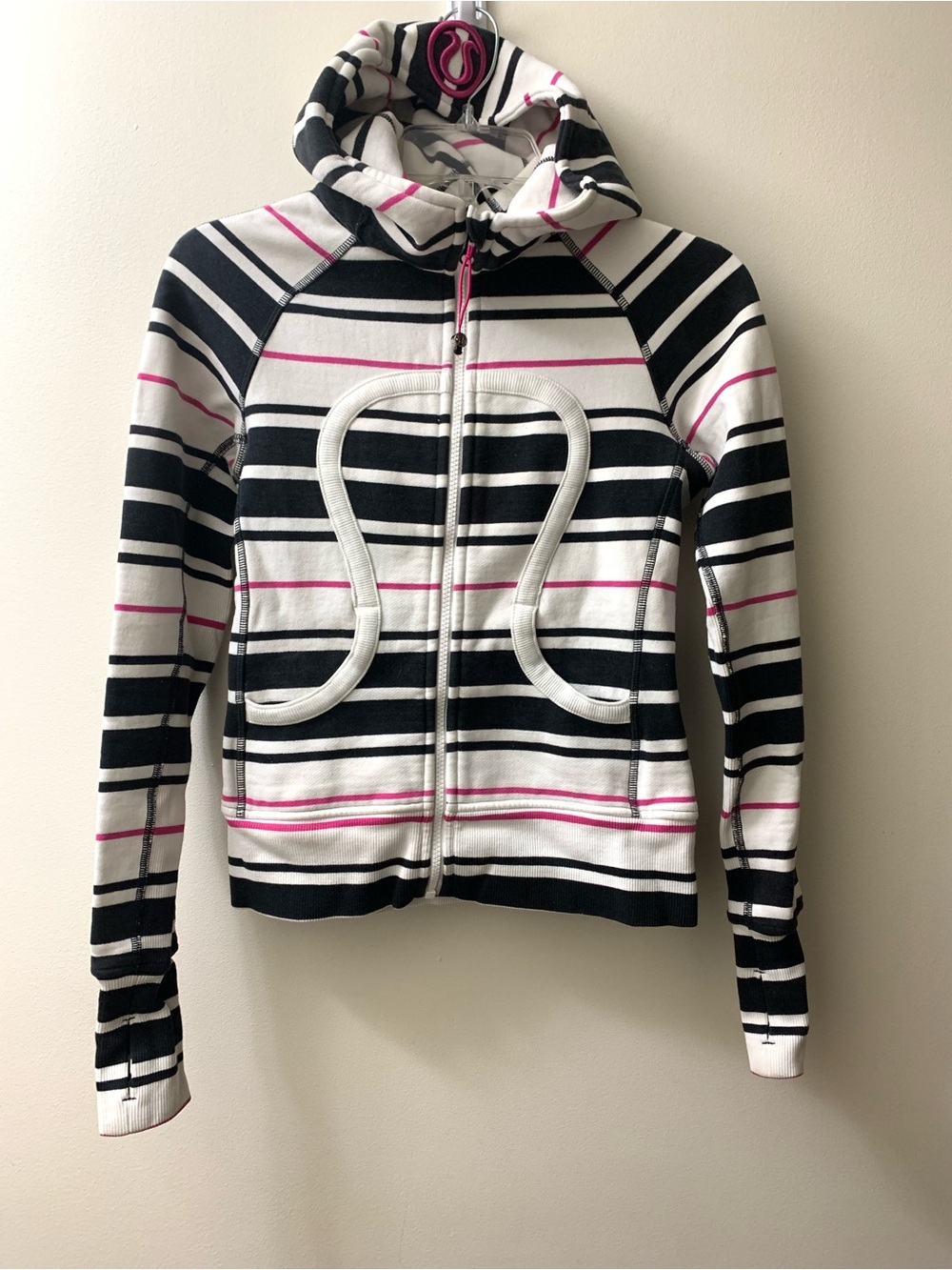 Lululemon Scuba Hoodie *Stretch (Lined Hood) White Black Pink Striped Wmns Sz 2